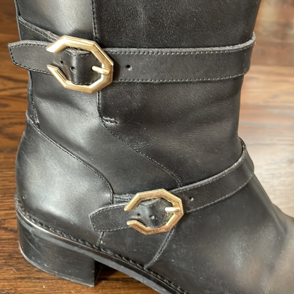 Cole Haan moto booties with gold “C” buckles. - Picture 2 of 5